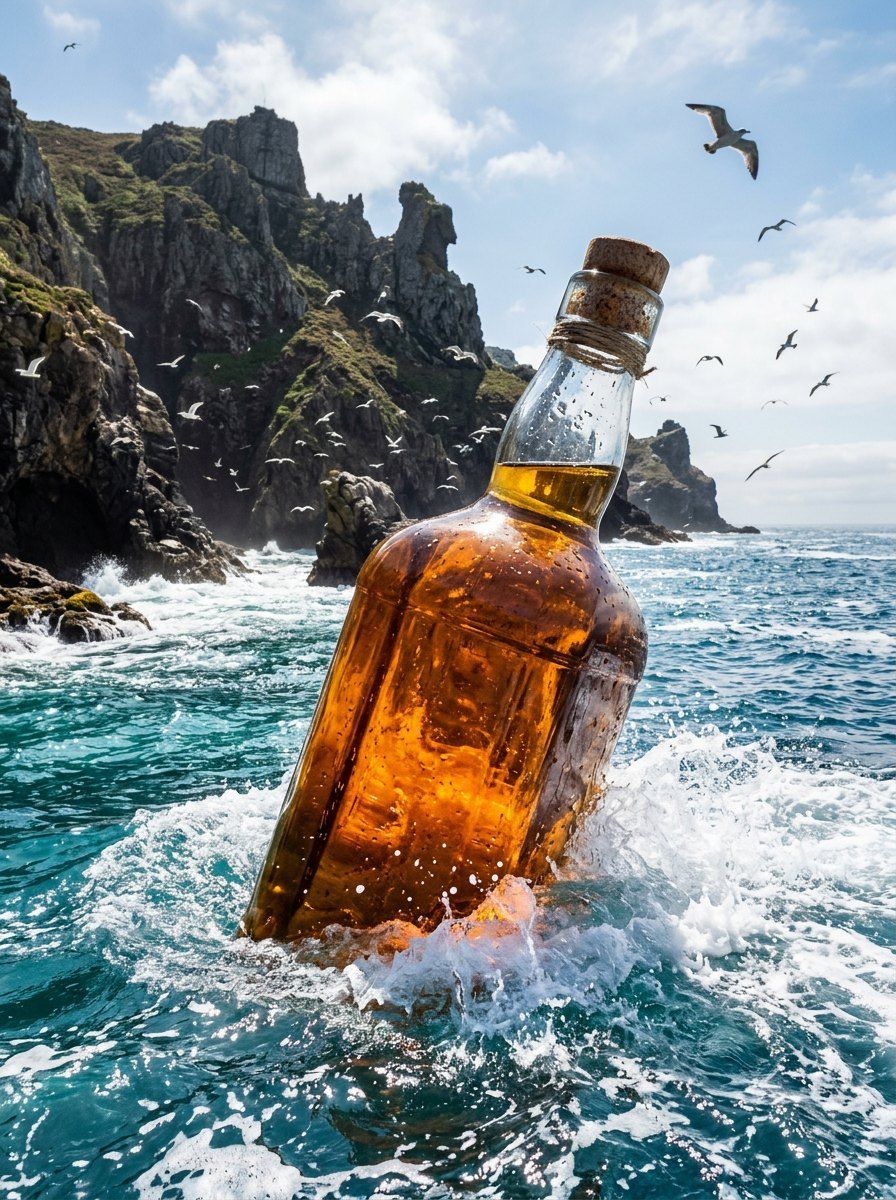 Floating Whiskey Bottle Coastal Ad — Food & Drink AI image prompt example generated with ChatGPT (surreal, coastal)