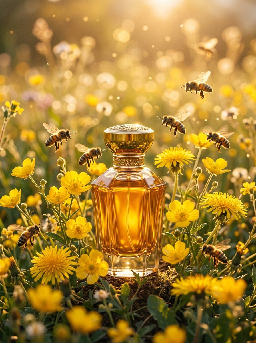Amber Perfume Bottle with Bees & Blossoms — Perfume AI image prompt example generated with Gemini (golden hour, nature)