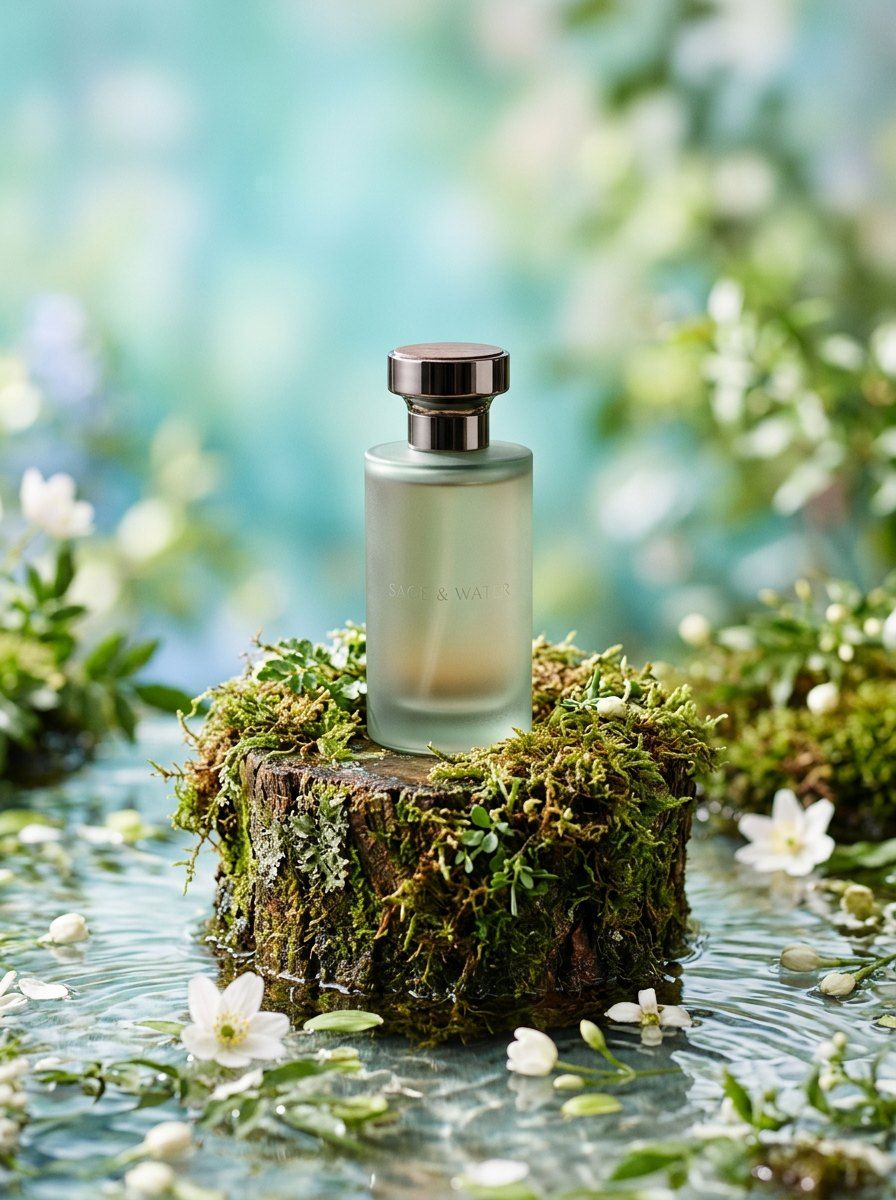 Frosted Sage Perfume on Moss Pedestal — Perfume AI image prompt example generated with Gemini (minimalist, pastel)