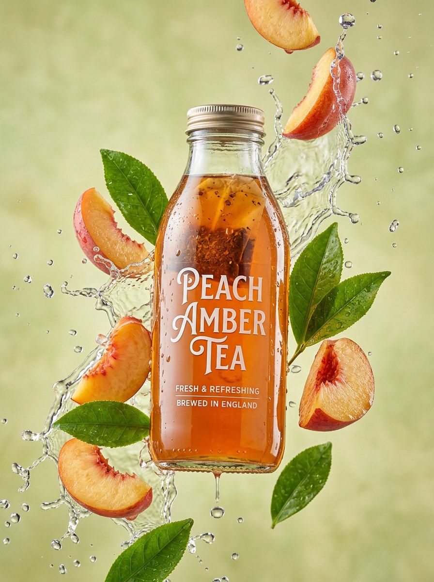 Dynamic Peach Tea Splash — Food & Drink AI image prompt example generated with ChatGPT (beverage, fresh)