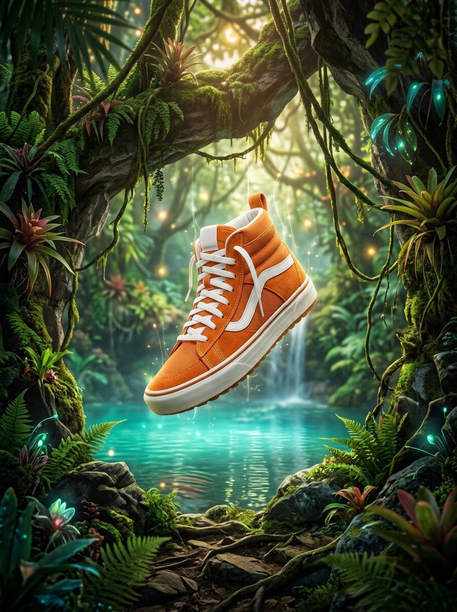Floating Sneaker in Fantasy Jungle — Streetwear AI image prompt example generated with ChatGPT (streetwear, surreal)