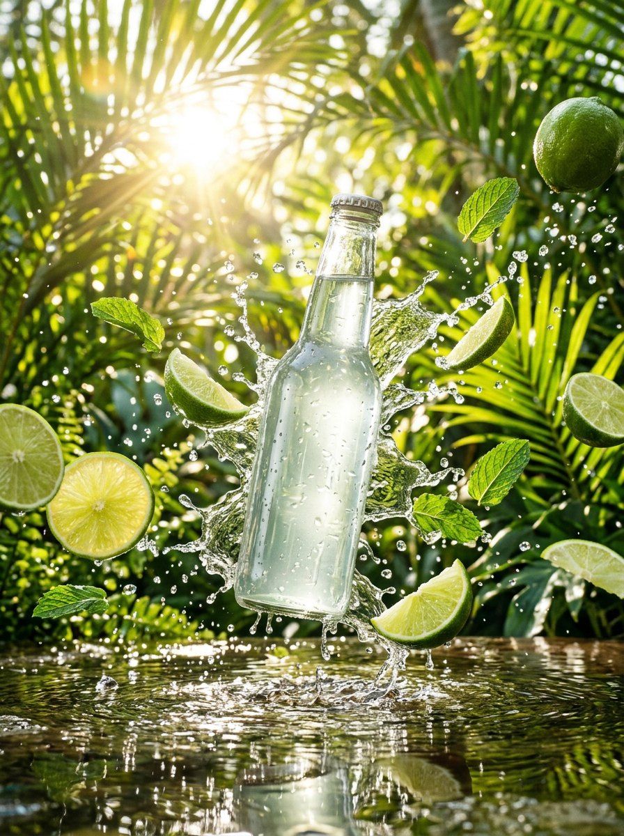 Refreshing Lime Mojito Bottle Splash — Food & Drink AI image prompt example generated with ChatGPT (beverage, splash)