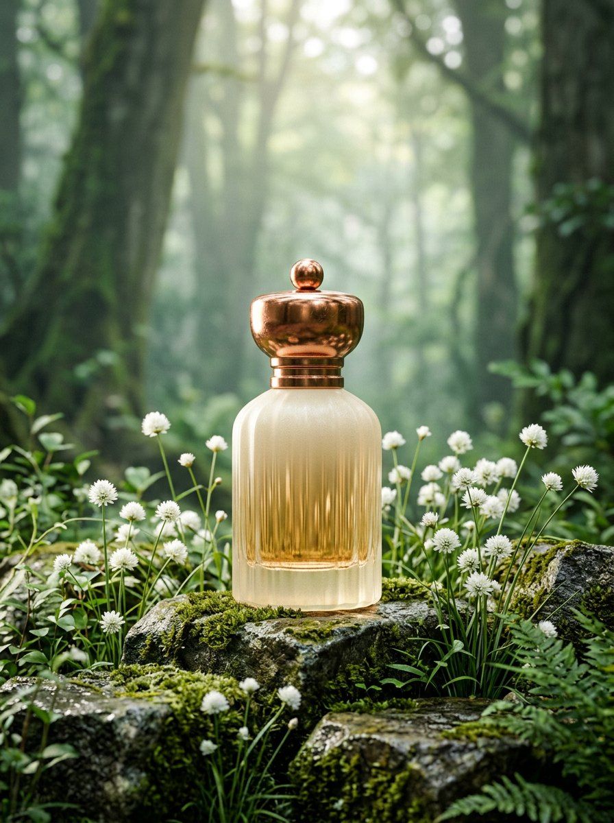Cream Perfume on Forest Mossy Stones — Perfume AI image prompt example generated with Gemini (natural-light, misty)