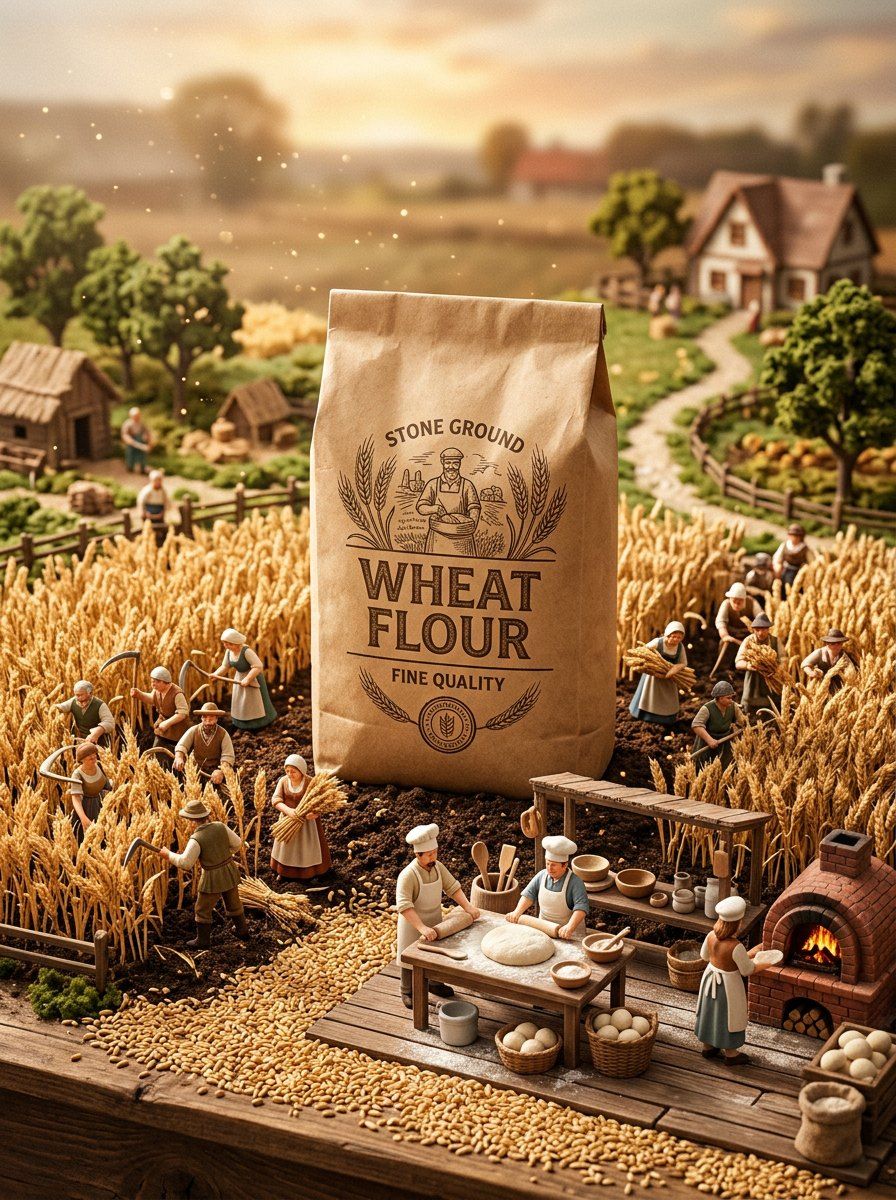 Wheat Flour Packet Farm Miniature Scene — Packaging AI image prompt example generated with ChatGPT (diorama, miniature)