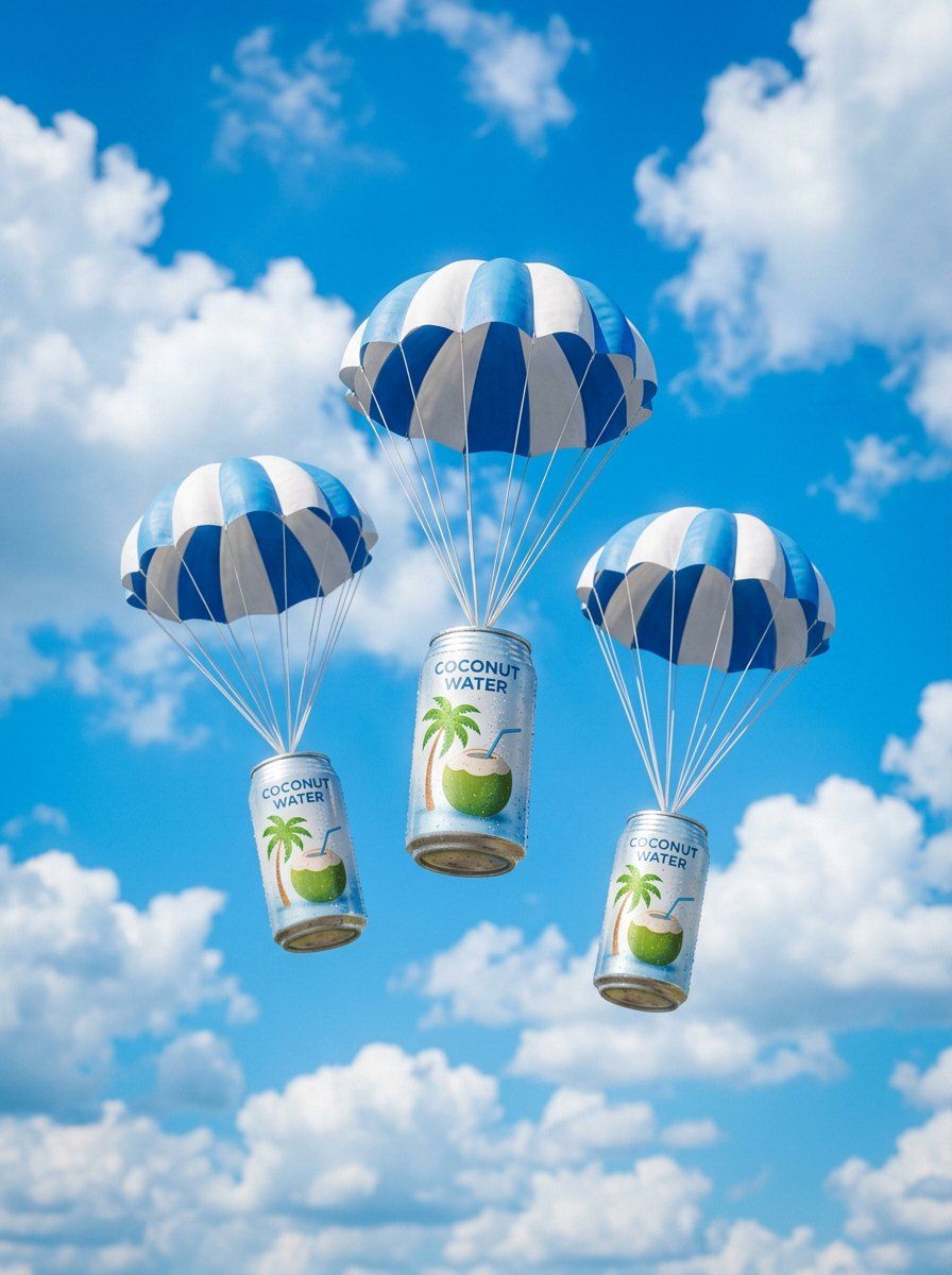 Skydiving Coconut Water Cans — Food & Drink AI image prompt example generated with ChatGPT (whimsical, 3d render)