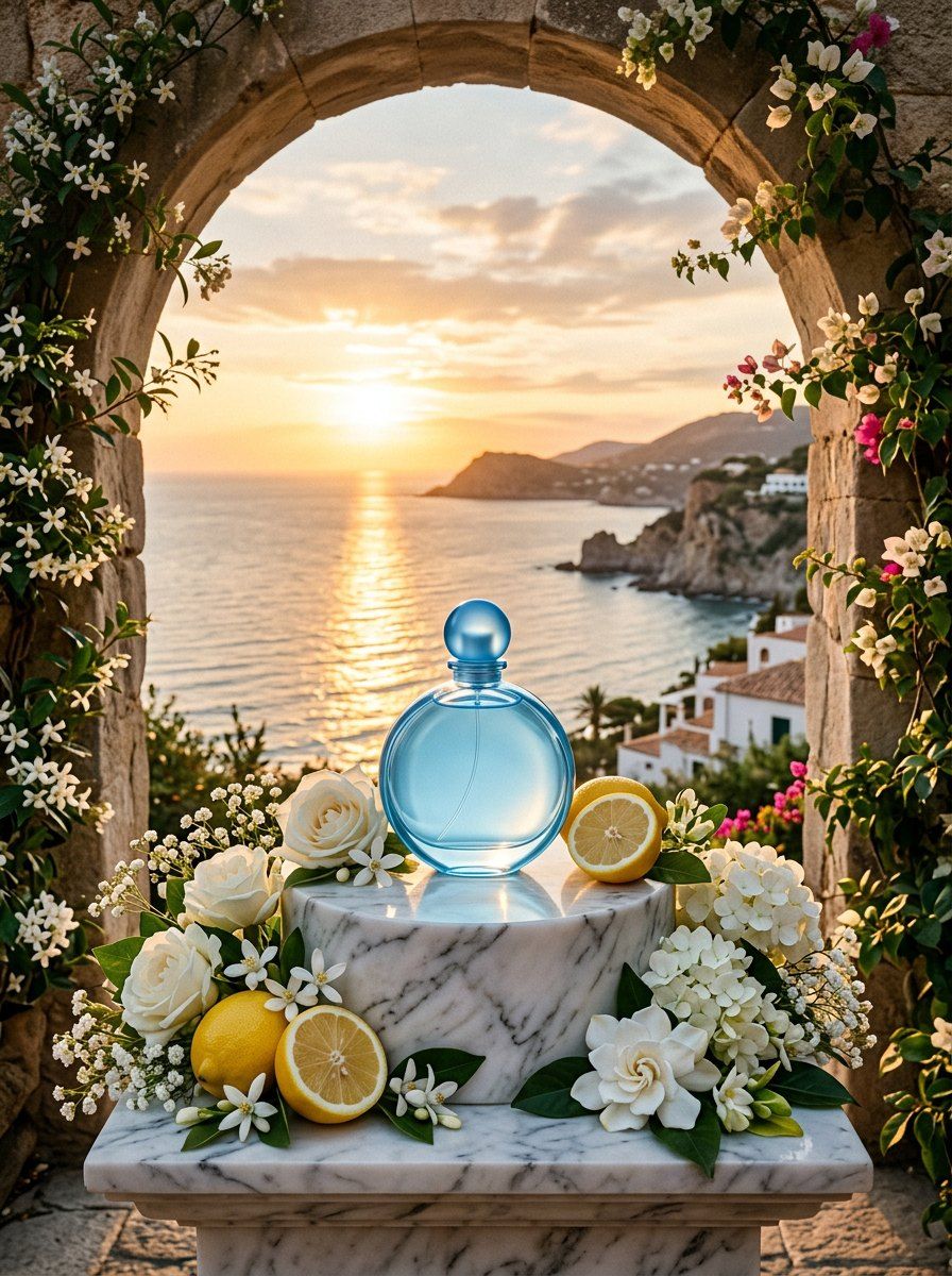 Mediterranean Coastal Sunset Fragrance — Perfume AI image prompt example generated with Midjourney (sunset, mediterranean)