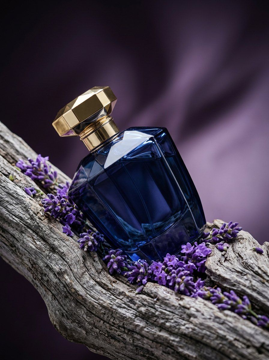 Dark Blue Perfume on Driftwood — Perfume AI image prompt example generated with Midjourney (perfume, nature)