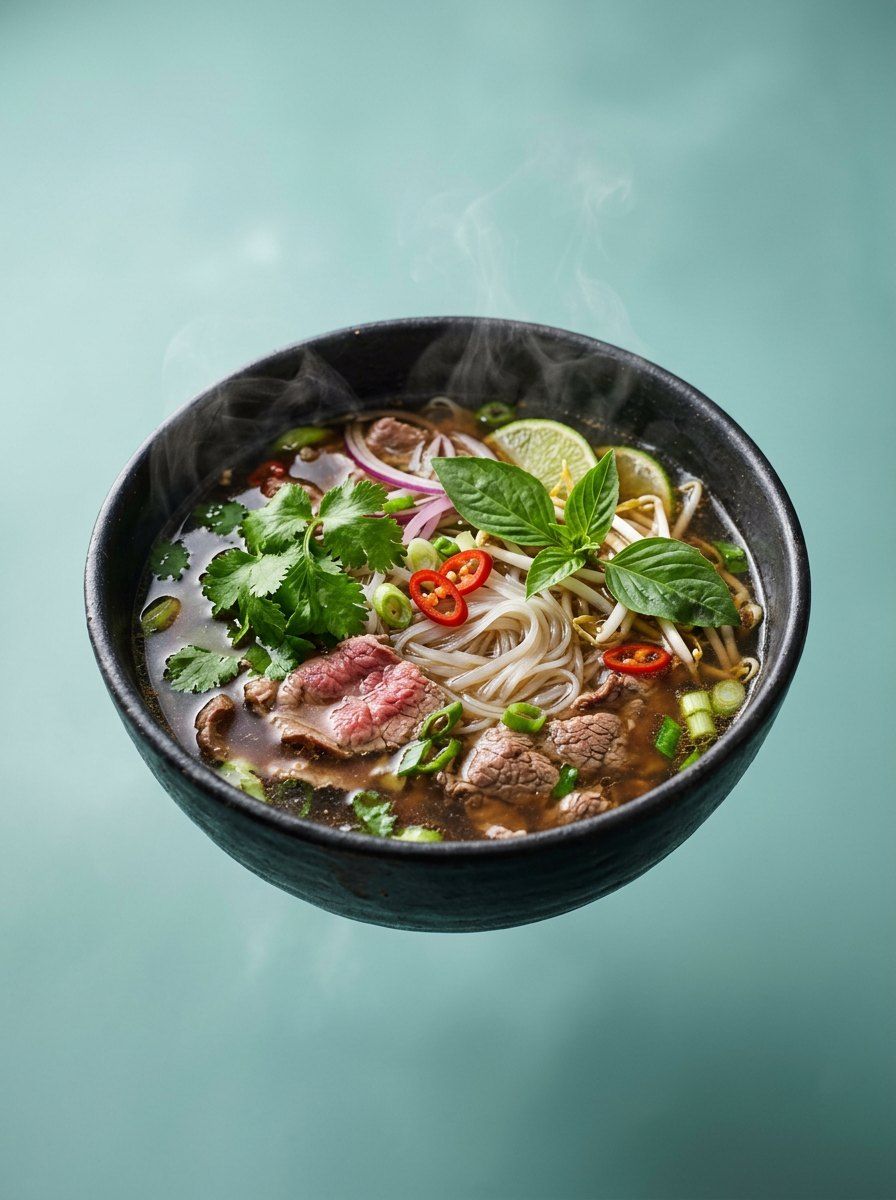 Floating Steaming Vietnamese Pho — Food & Drink AI image prompt example generated with Gemini (pho, floating)