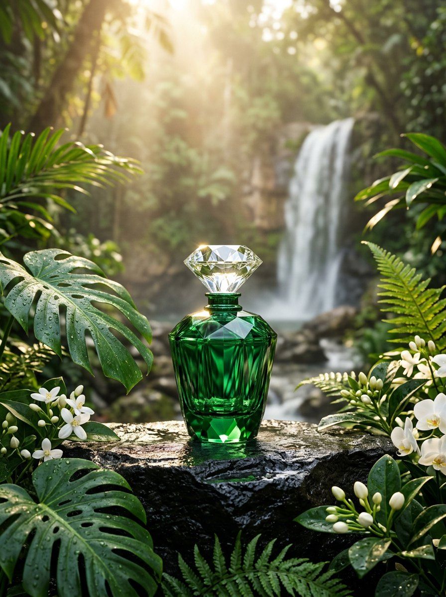 Emerald Crystal Waterfall Fragrance — Perfume AI image prompt example generated with Midjourney (emerald, waterfall)