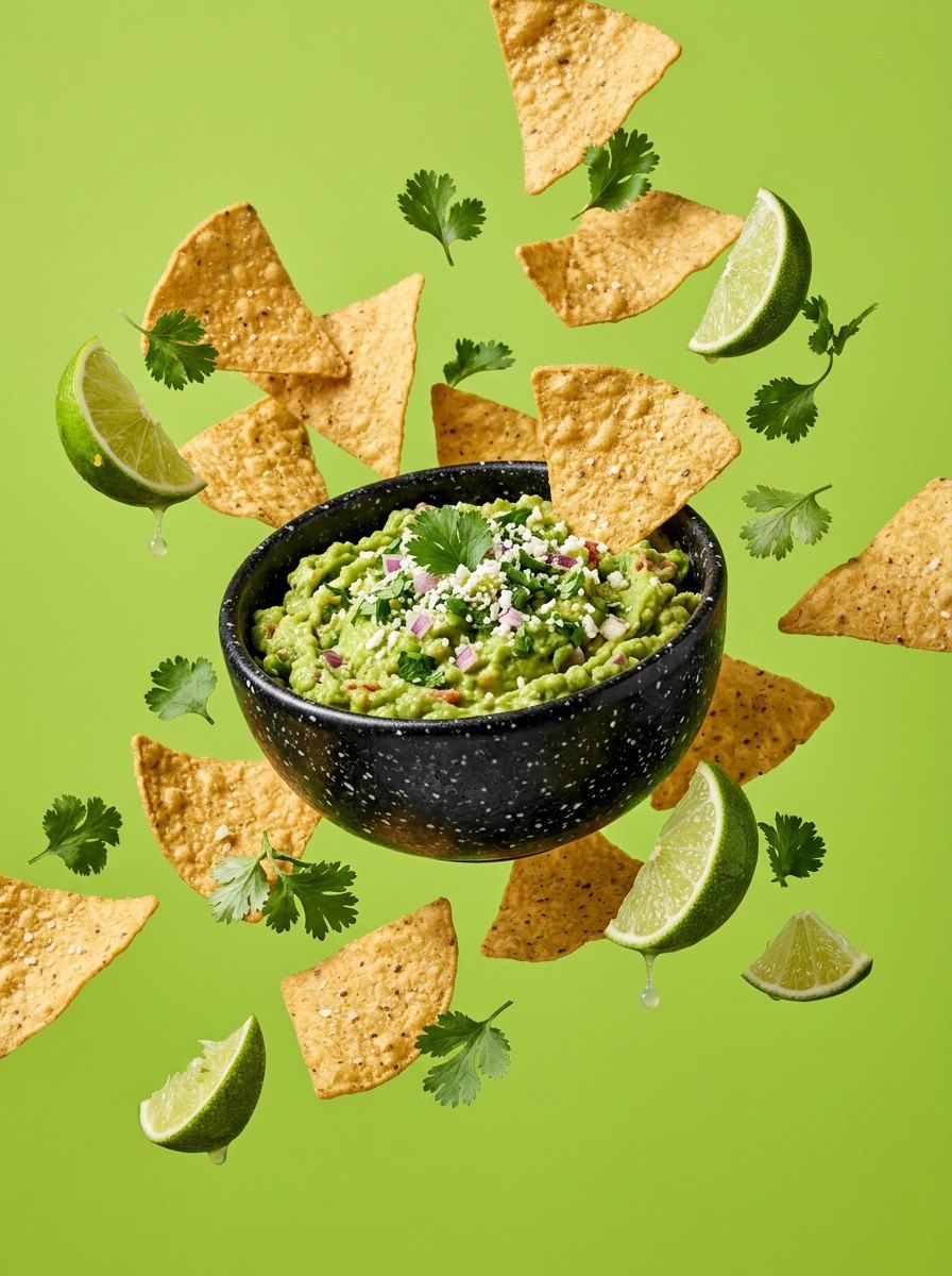 Floating Guacamole and Chips — Food & Drink AI image prompt example generated with Gemini (guacamole, floating)