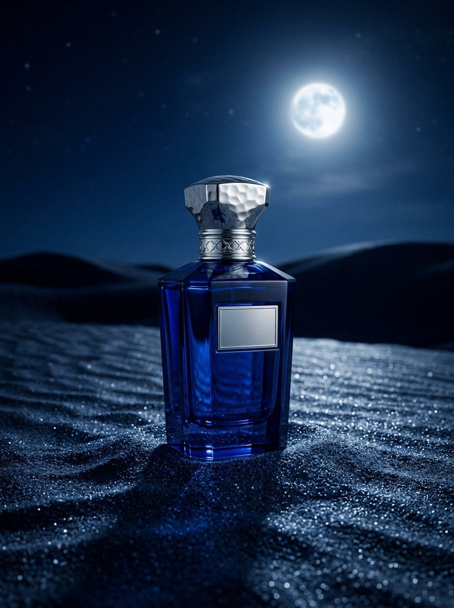 Cobalt Perfume Bottle in Desert Night — Perfume AI image prompt example generated with ChatGPT (desert, moonlight)