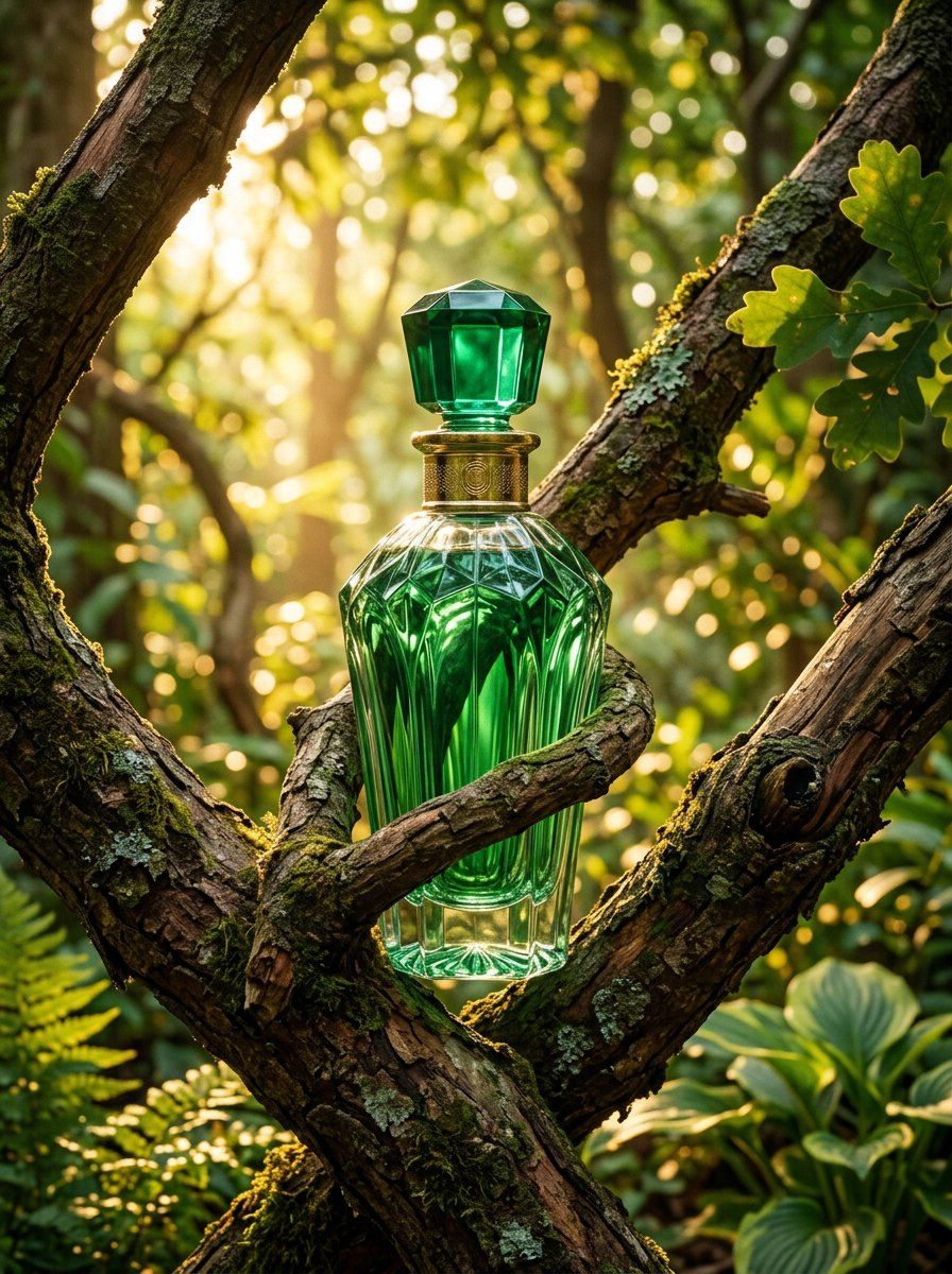 Green Perfume Suspended in Tree Branches — Perfume AI image prompt example generated with Gemini (nature, sunlit)