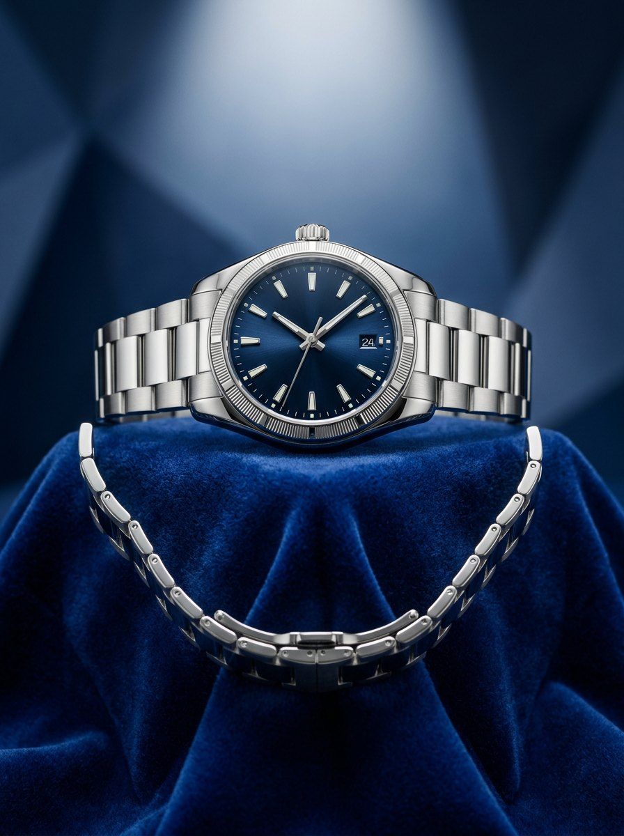 Royal Blue Steel Watch Display — Jewellery AI image prompt example generated with Gemini (watch, luxury)