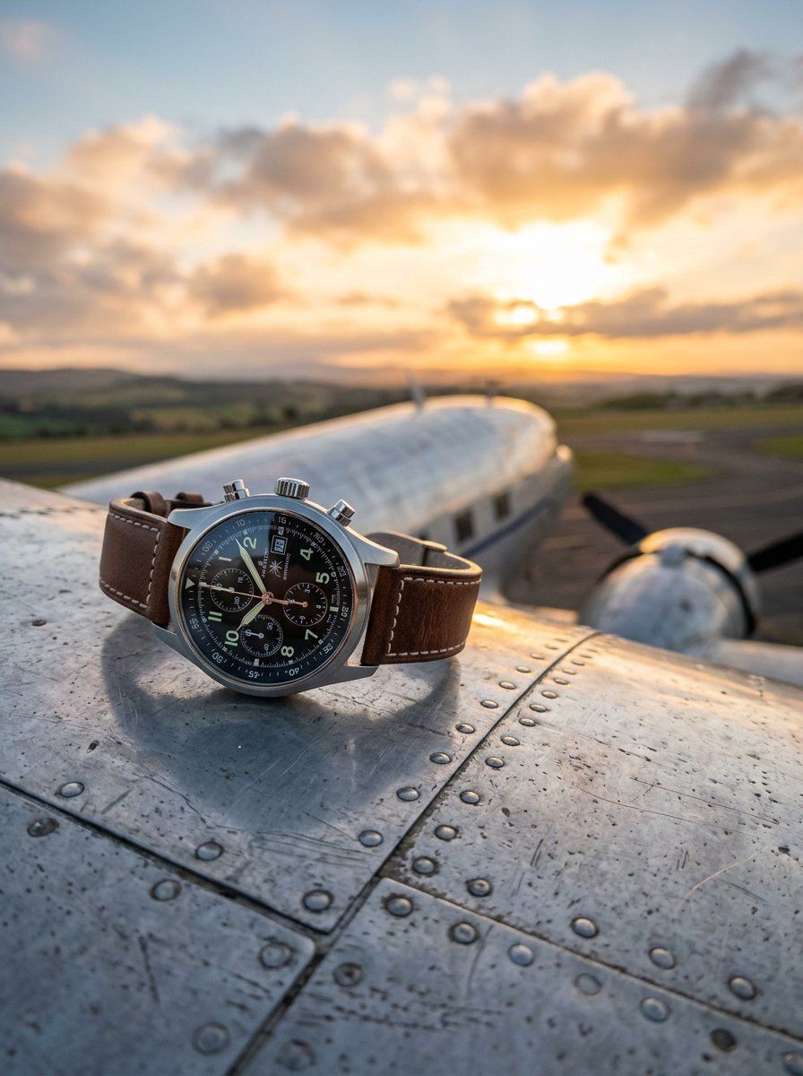 Aviation Luxury Watch on Aircraft Wing — Product AI image prompt example generated with Gemini (aviation, sunlight)