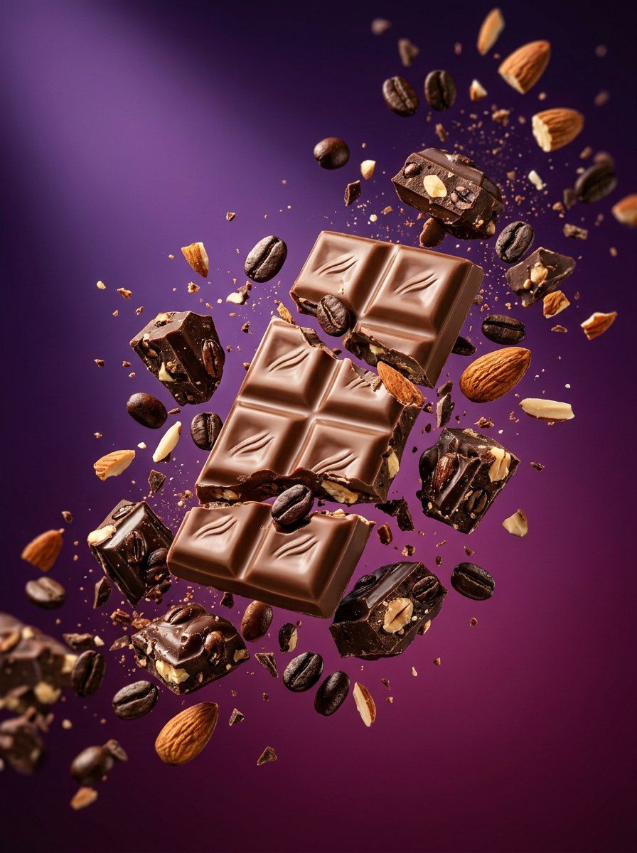 Floating Coffee Almond Chocolate — Food & Drink AI image prompt example generated with ChatGPT (floating, gourmet)
