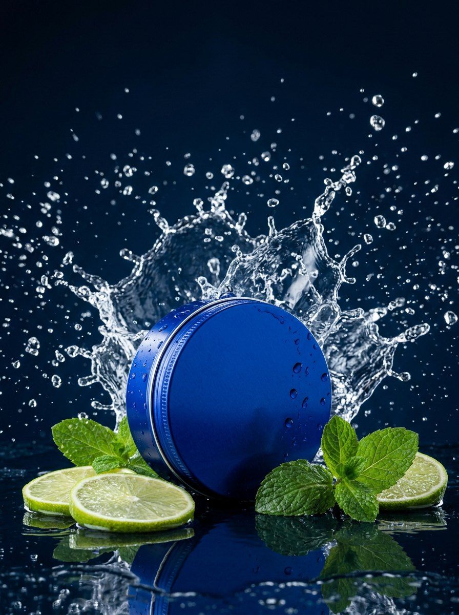 Ocean Blue Cream Tin Splash — Cosmetics AI image prompt example generated with ChatGPT (cosmetics, water splash)