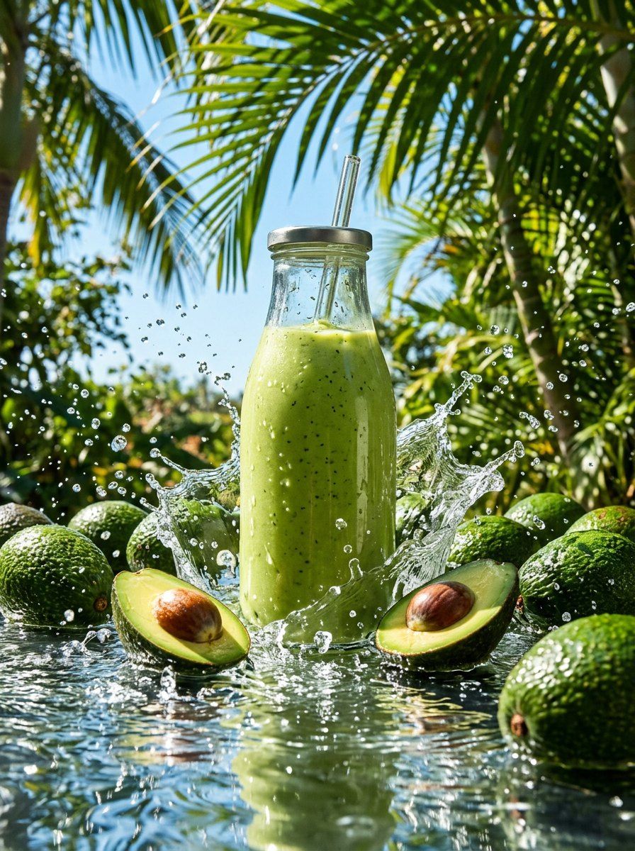 Tropical Avocado Juice Bottle Splash — Food & Drink AI image prompt example generated with ChatGPT (beverage, fresh)