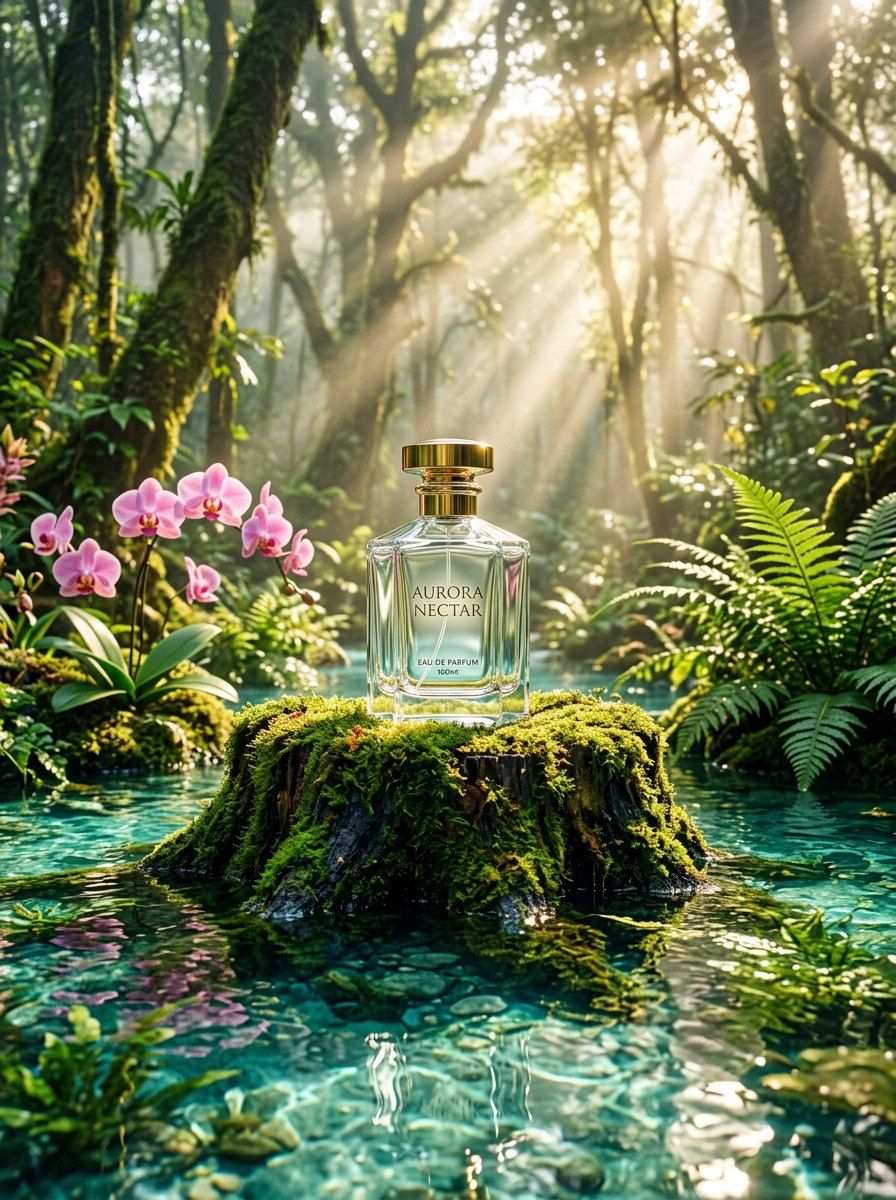 Heroic Perfume in Sunlit Forest — Perfume AI image prompt example generated with Gemini (perfume, nature)