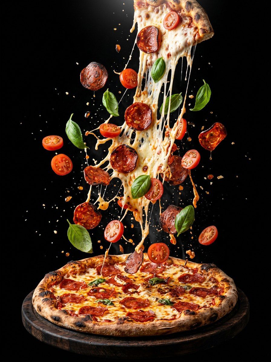 Exploding Pepperoni Pizza — Food & Drink AI image prompt example generated with Gemini (action, high-speed)