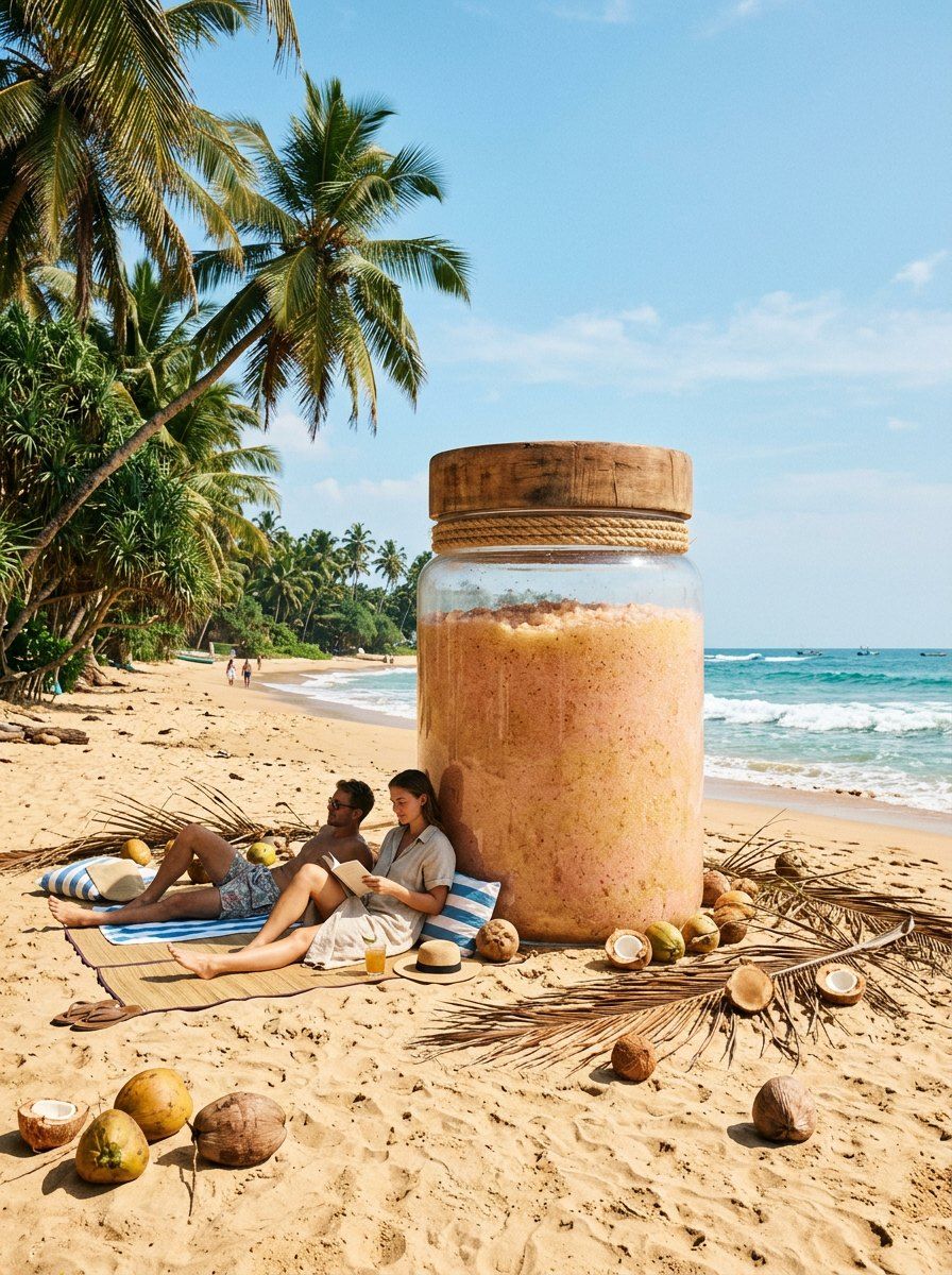 Beachside Giant Body Scrub — Cosmetics AI image prompt example generated with ChatGPT (surreal, beach)