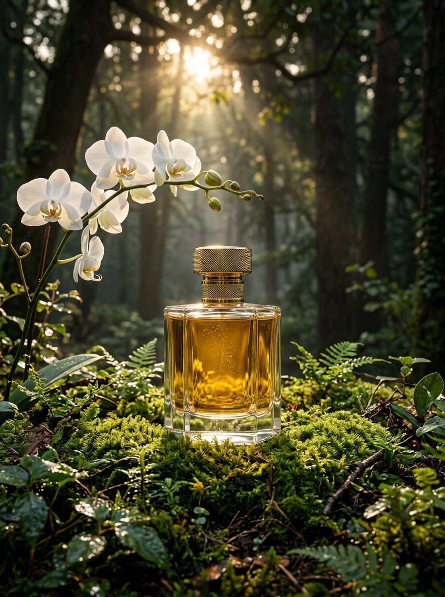 Amber Glass Perfume in Forest — Perfume AI image prompt example generated with Midjourney (enchanted, forest)