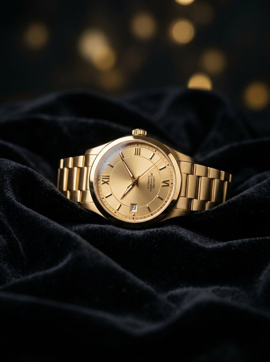 Gold Luxury Watch in Black Velvet — Jewellery AI image prompt example generated with Gemini (watch, luxury)