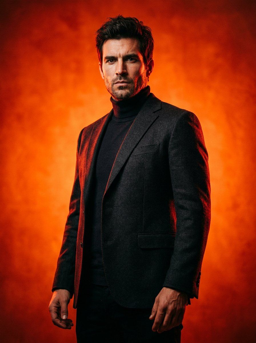 Dramatic Orange Red Editorial Portrait — Portrait AI image prompt example generated with Nano Banana (dramatic, low-angle)