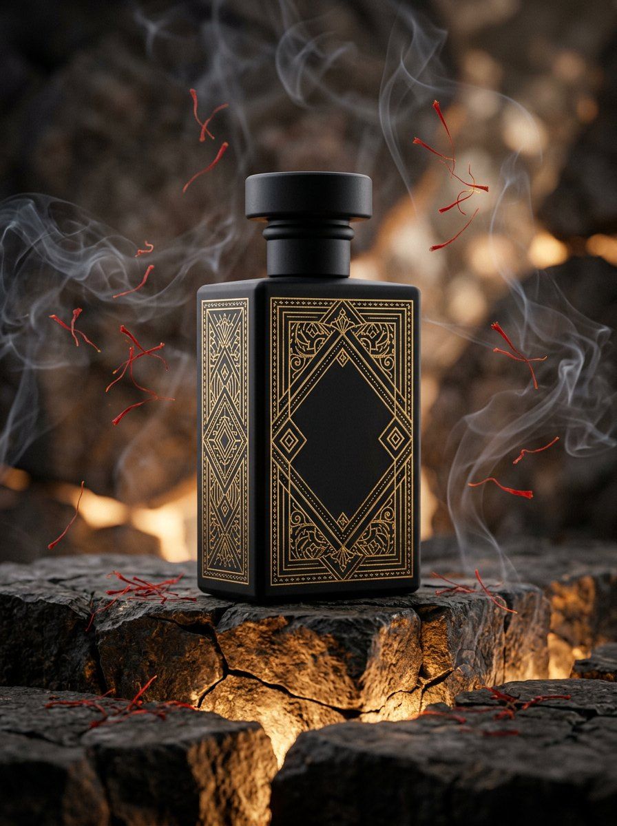 Luxury Matte Black Oud Perfume — Perfume AI image prompt example generated with Midjourney (perfume-bottle, glowing-stone)