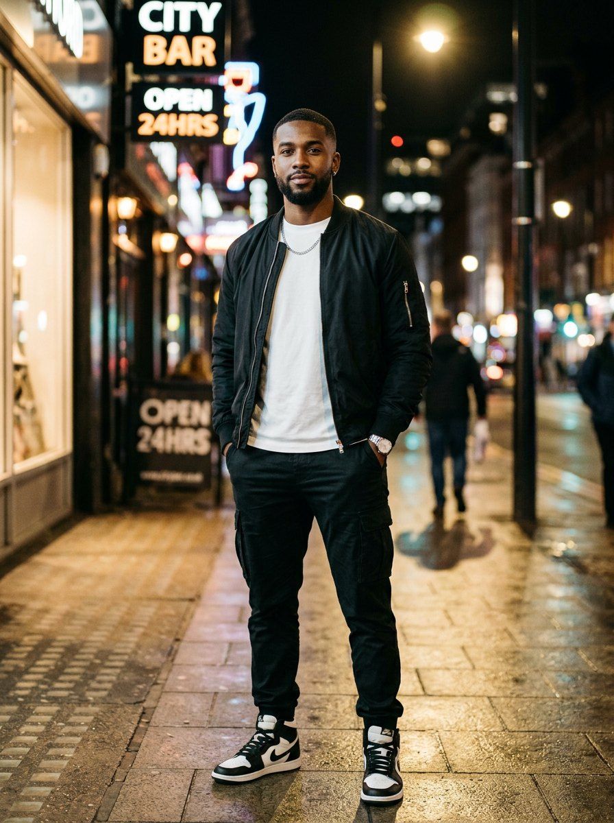 Night Streetwear Editorial Portrait — Streetwear AI image prompt example generated with Nano Banana (streetwear, urban)