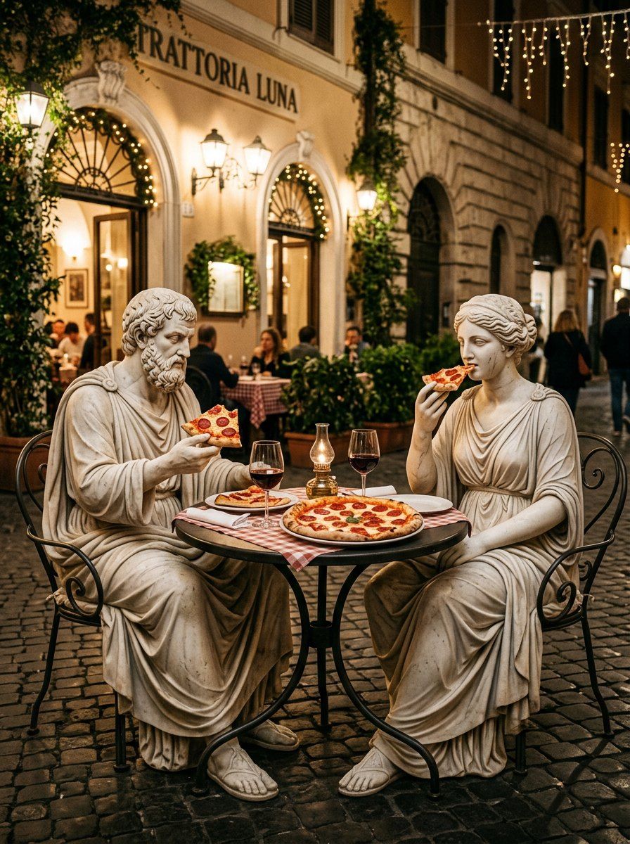 Classical Statues Pizza Bistro Dinner — Food & Drink AI image prompt example generated with ChatGPT (surreal, classical)