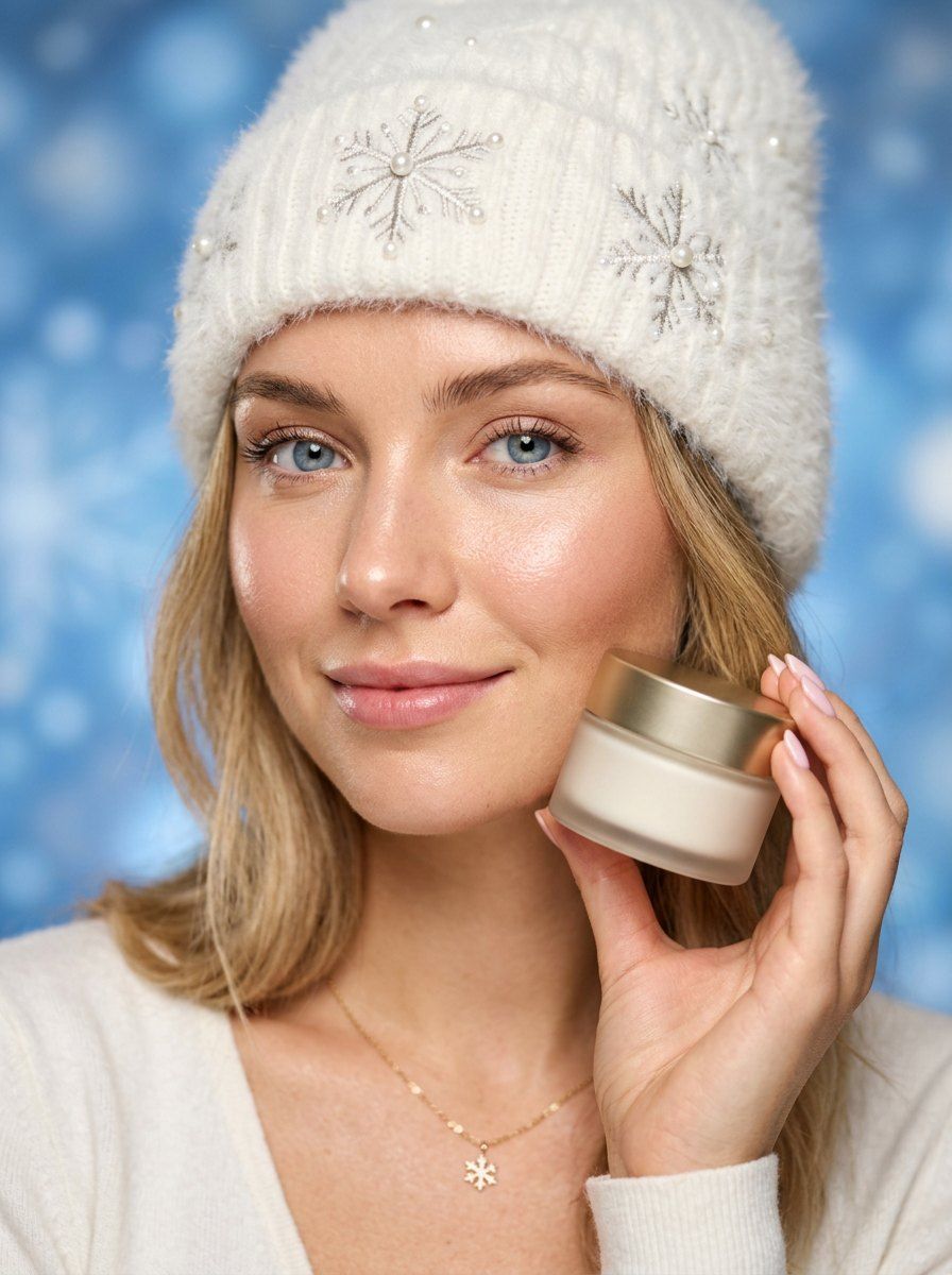 Winter Beauty Editorial Product Shot — Beauty AI image prompt example generated with Nano Banana (winter, editorial)