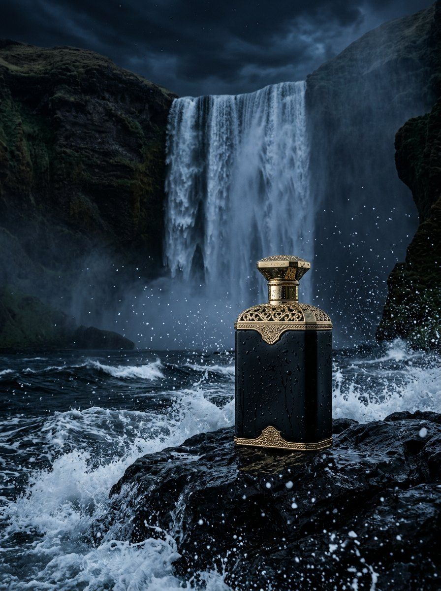 Matte Black Perfume by Waterfall — Perfume AI image prompt example generated with Midjourney (dramatic, waterfall)