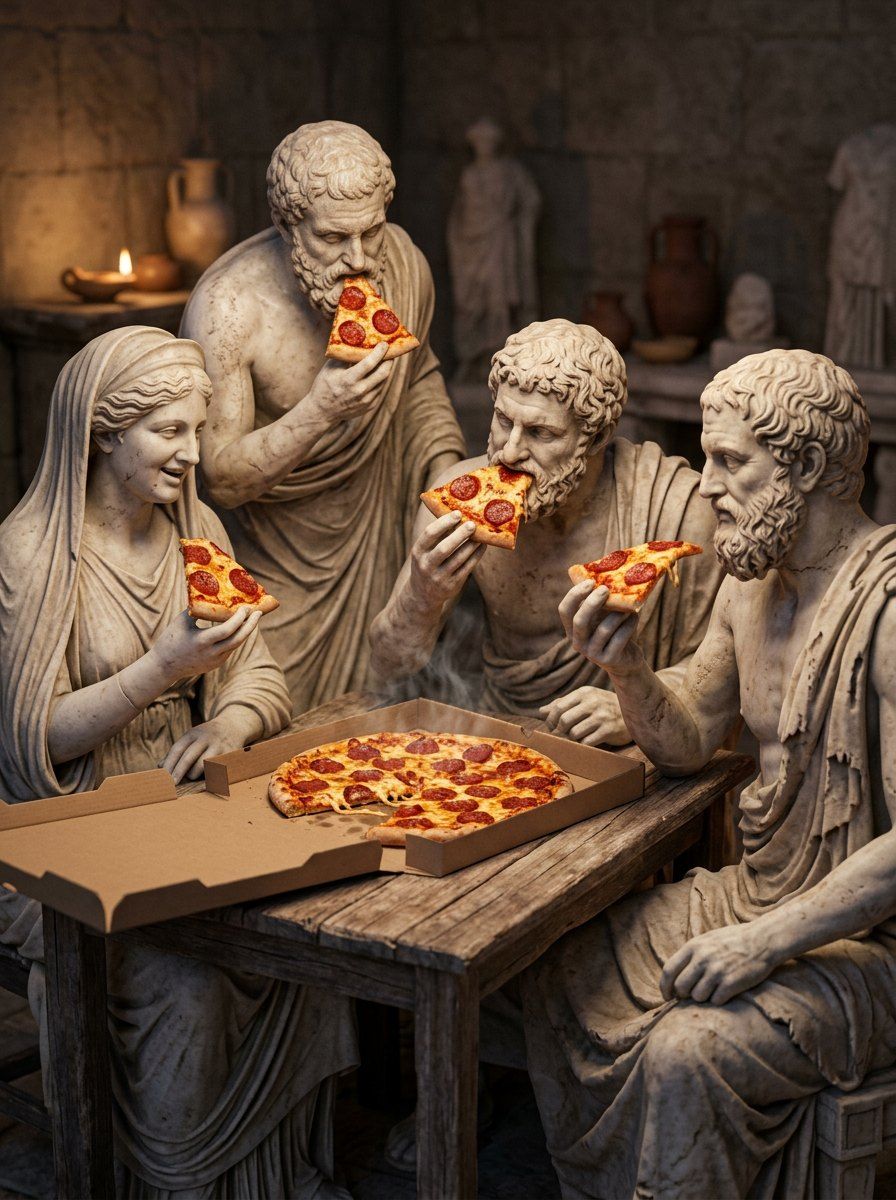 Marble Statues Pizza Feast — Food & Drink AI image prompt example generated with Midjourney (surreal, renaissance)