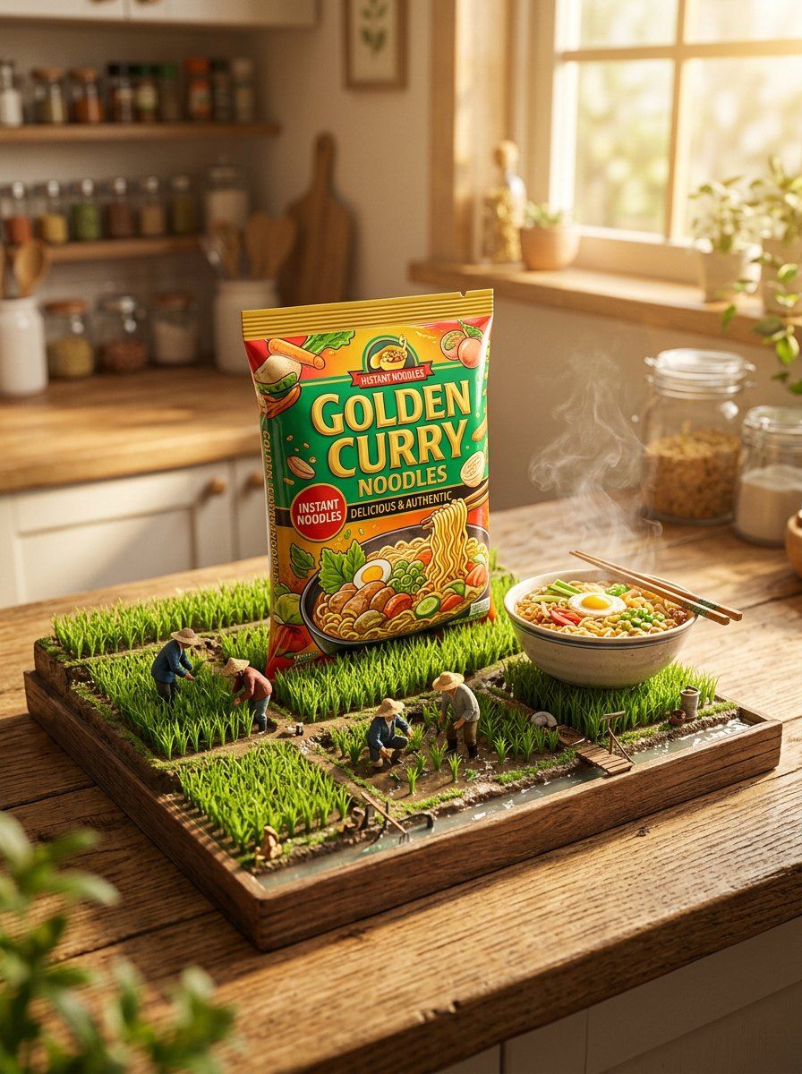 Noodle Packet Miniature Paddy Field Scene — Packaging AI image prompt example generated with ChatGPT (diorama, miniature)