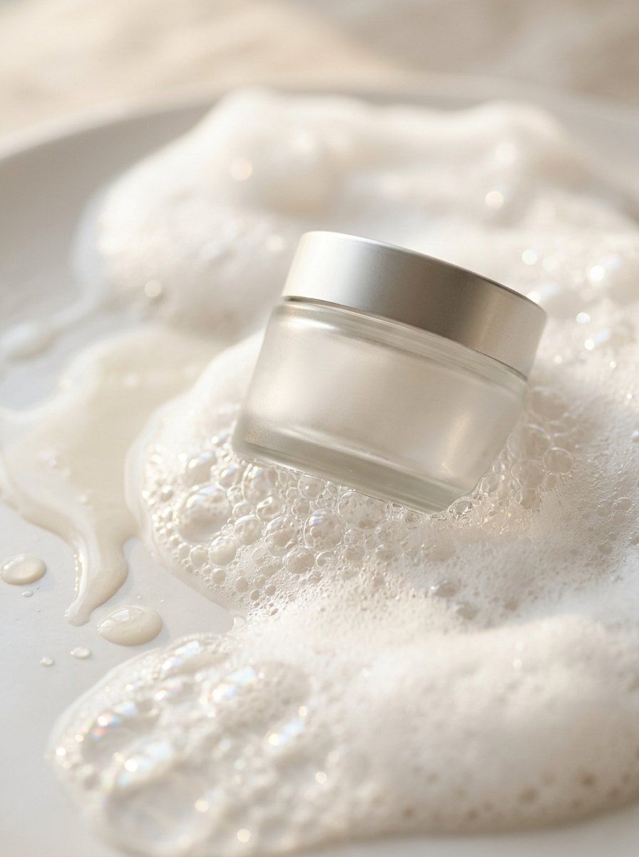 Cleansing Foam Skincare Display — Cosmetics AI image prompt example generated with Nano Banana (foam, soft light)