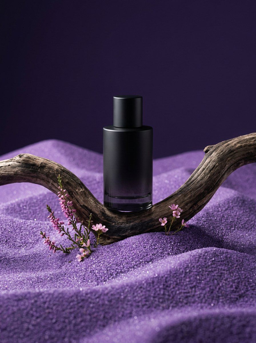 Matte Black Perfume on Violet Sand — Perfume AI image prompt example generated with Gemini (perfume, minimalist)