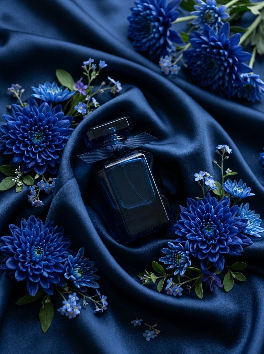 Navy Blue Satin Perfume Flat Lay — Perfume AI image prompt example generated with Midjourney (flat-lay, blue-satin)