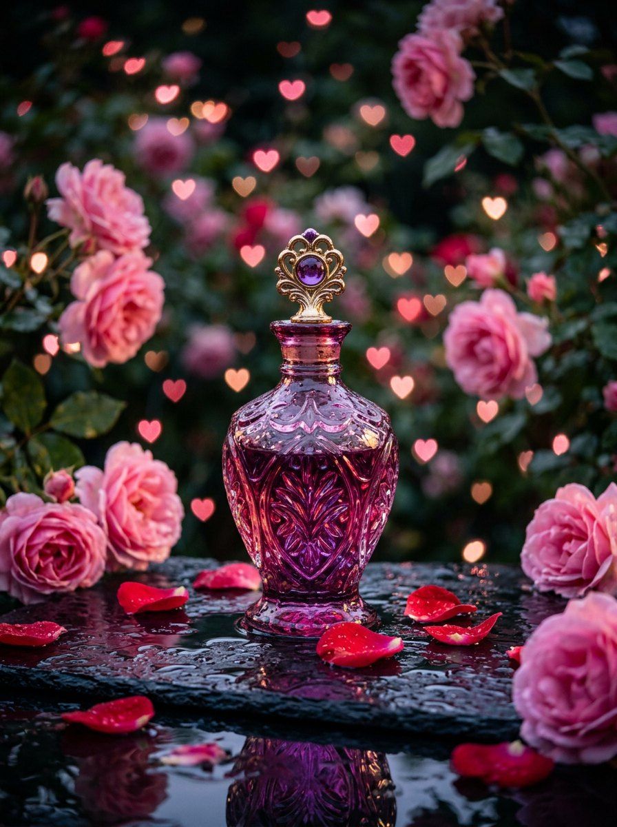 Vintage Magenta Perfume & Rose Petals — Perfume AI image prompt example generated with Gemini (romantic, macro)