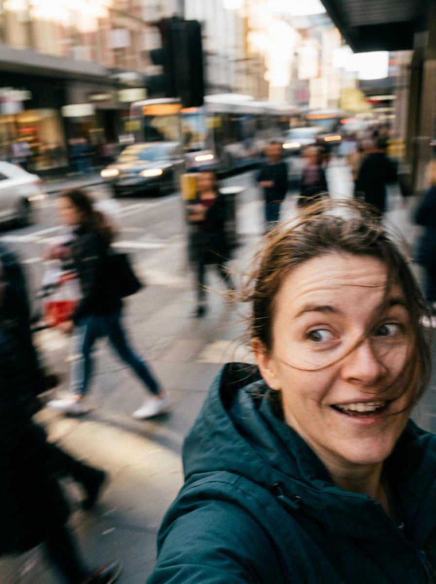 Candid Accidental Motion Blur Selfie — Lifestyle AI image prompt example generated with Nano Banana (candid, motion-blur)