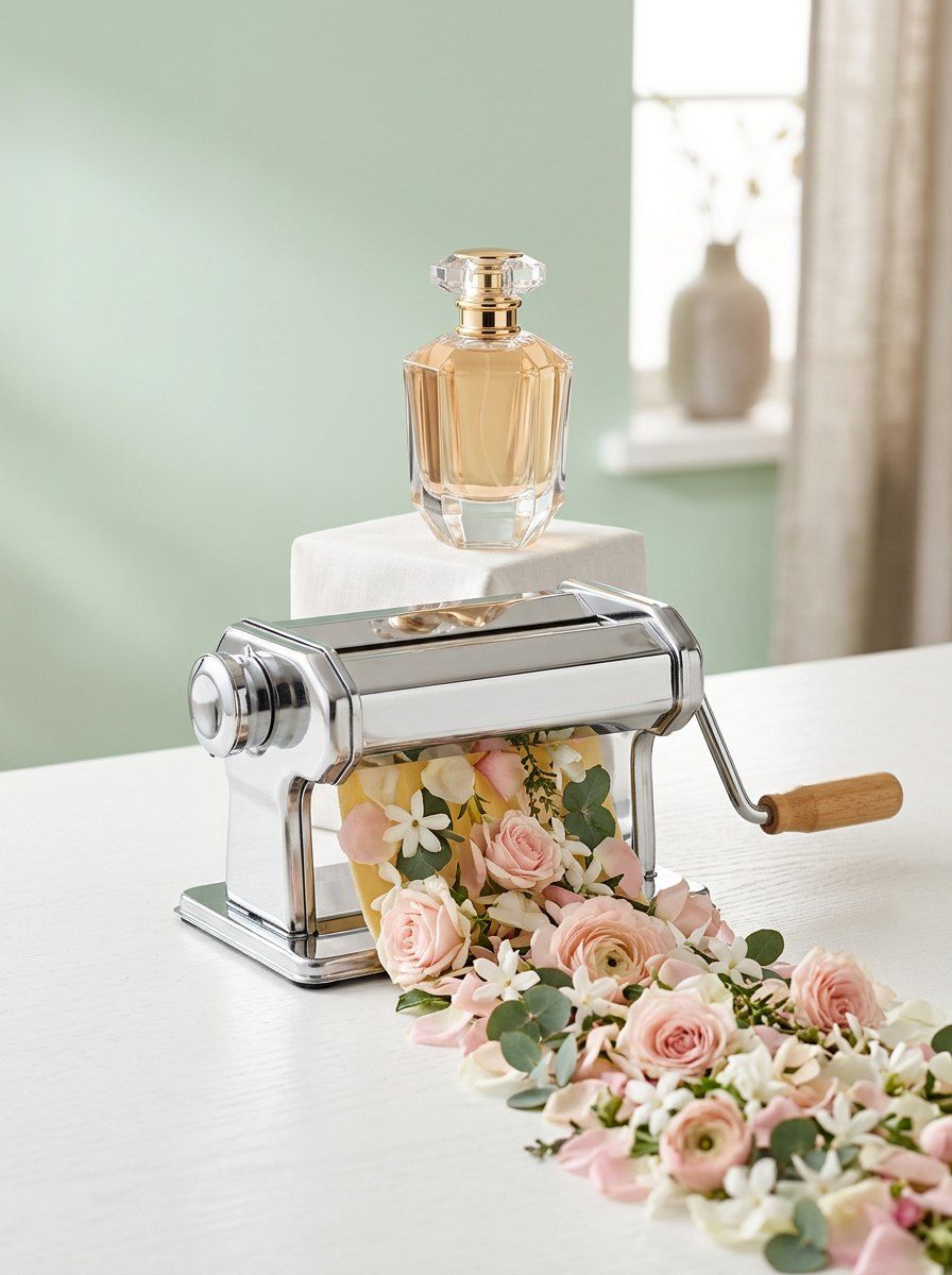 Surreal Pasta Machine Fragrance Concept — Perfume AI image prompt example generated with Nano Banana (surreal, commercial)
