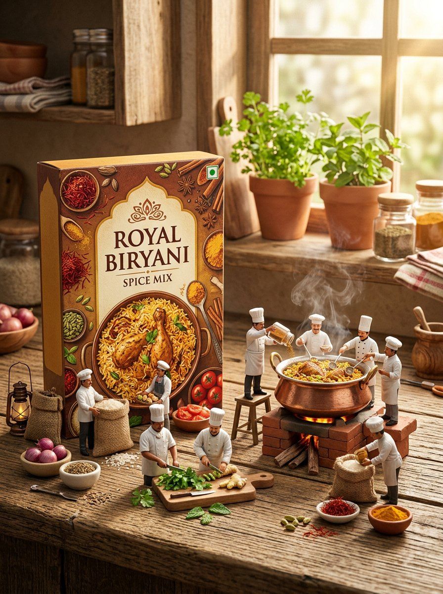 Biryani Spice Box Miniature Diorama Scene — Packaging AI image prompt example generated with Nano Banana (diorama, miniature)