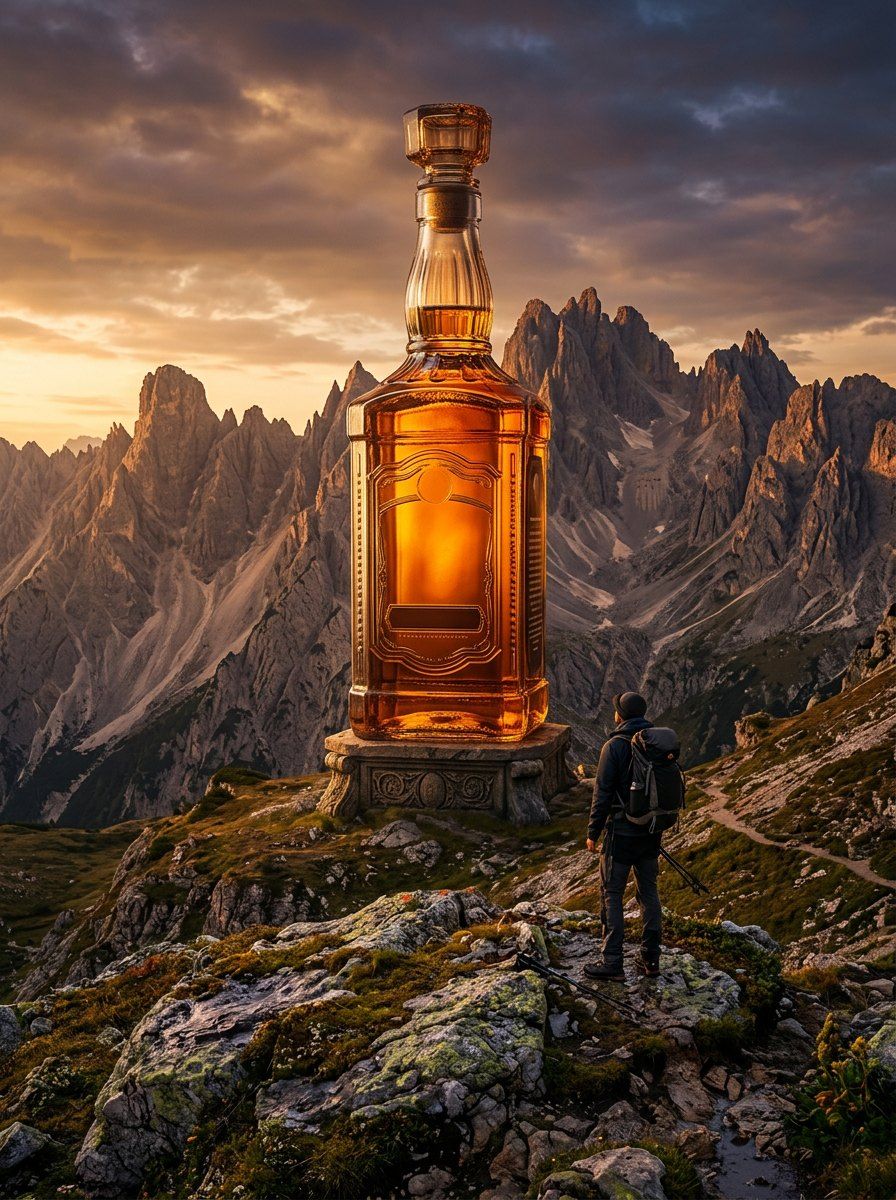 Surreal Rum Bottle Mountain Adventure — Food & Drink AI image prompt example generated with ChatGPT (surreal, adventure)