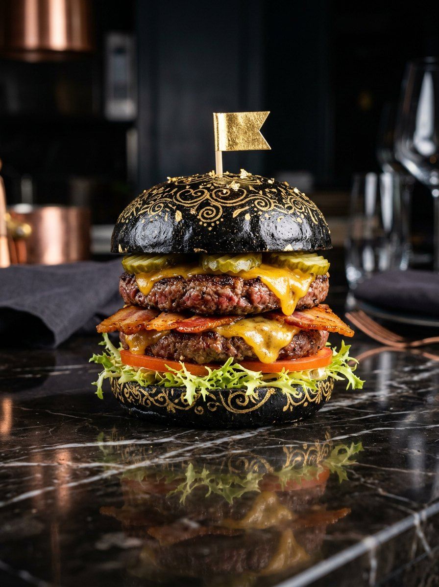 Luxury Black Bun Burger — Food & Drink AI image prompt example generated with ChatGPT (luxury, gourmet)