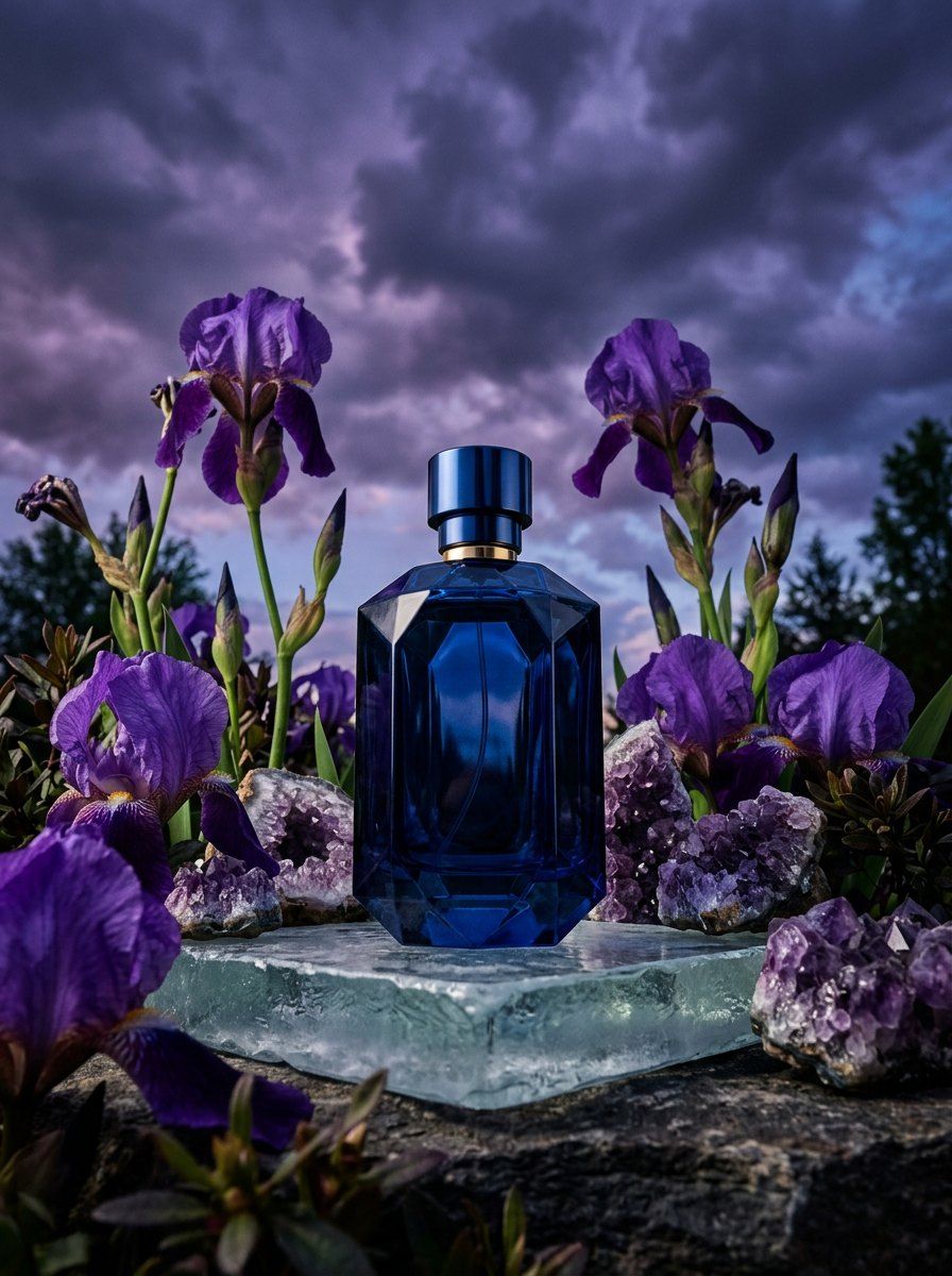 Amethyst and Iris Perfume Presentation — Perfume AI image prompt example generated with ChatGPT (perfume, crystals)