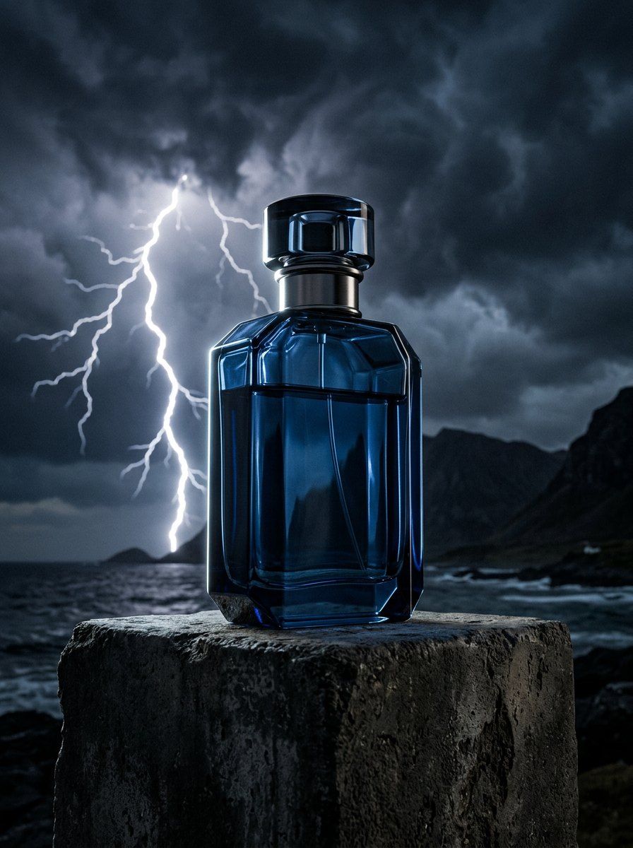 Stormy Lightning Perfume Showcase — Perfume AI image prompt example generated with Midjourney (perfume, dramatic)