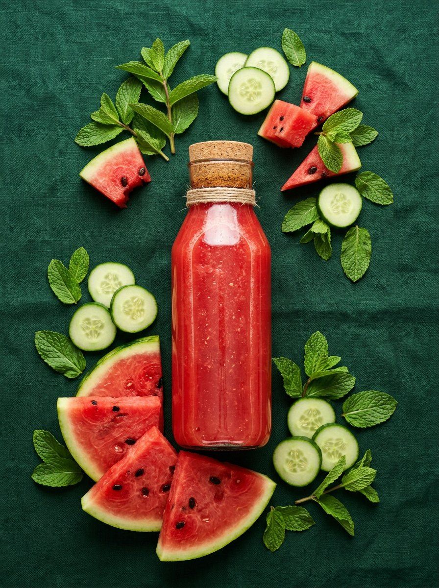 Fresh Watermelon Juice Flatlay — Food & Drink AI image prompt example generated with ChatGPT (flatlay, vibrant)