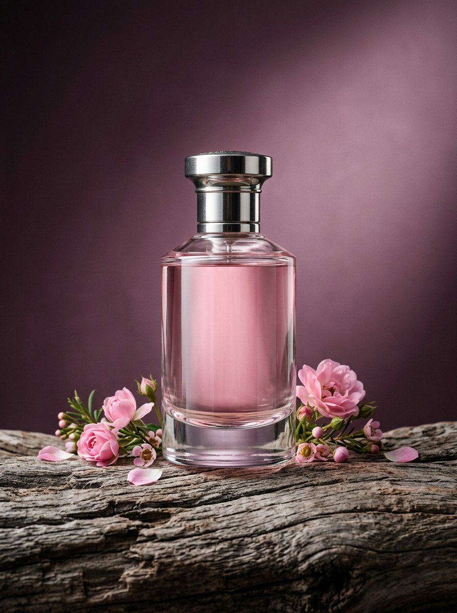 Pink Perfume on Weathered Driftwood — Perfume AI image prompt example generated with ChatGPT (perfume, driftwood)