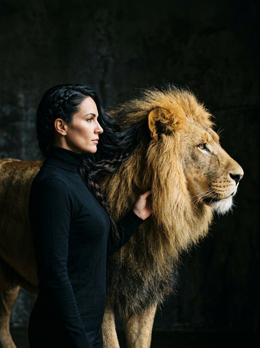 Woman and Lion Profile Portrait — Portrait AI image prompt example generated with Midjourney (minimalist, surreal)