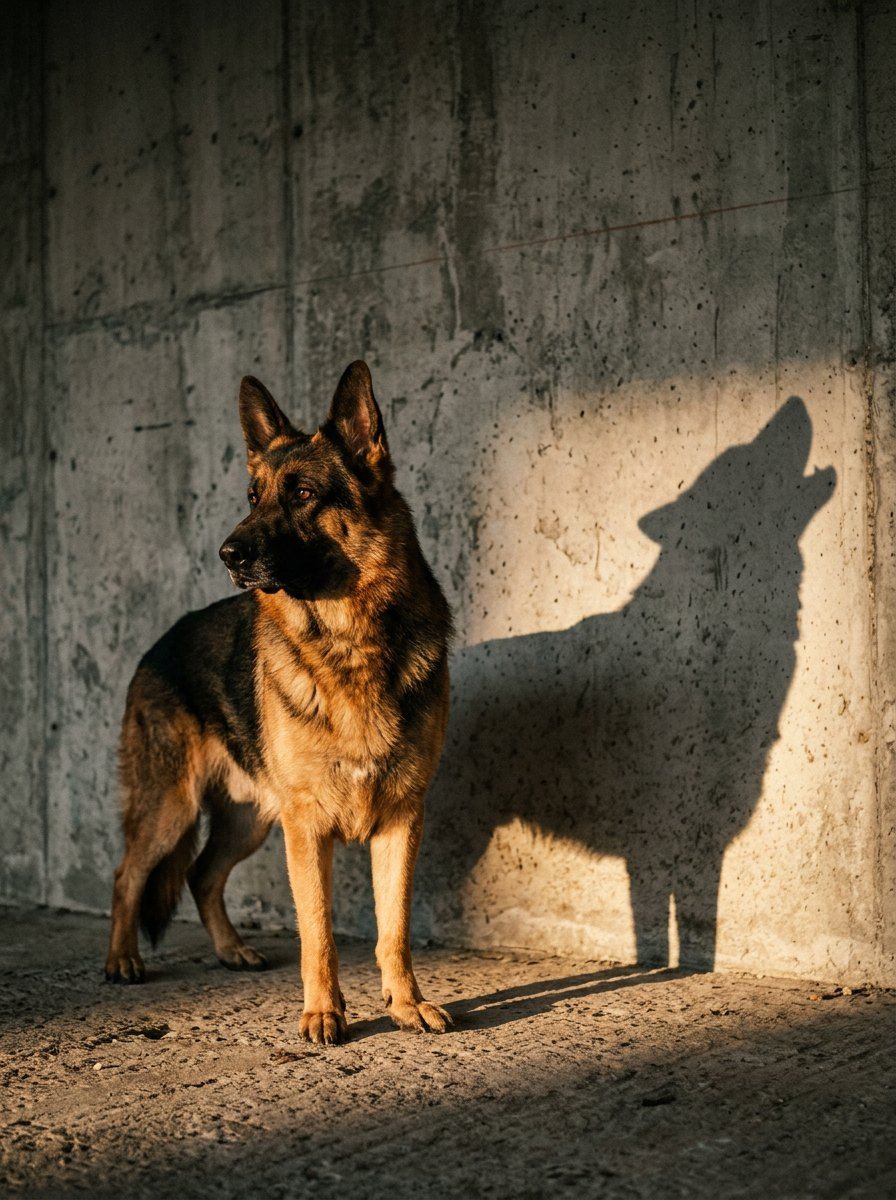 Dramatic Shadow Silhouette Dog Portrait — Cinematic AI image prompt example generated with Midjourney (cinematic, shadow art)