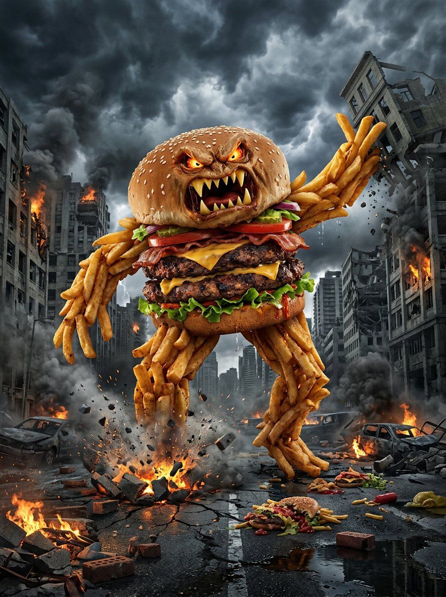 Giant Monster Burger City Attack — Cinematic AI image prompt example generated with Midjourney (apocalyptic, monster)